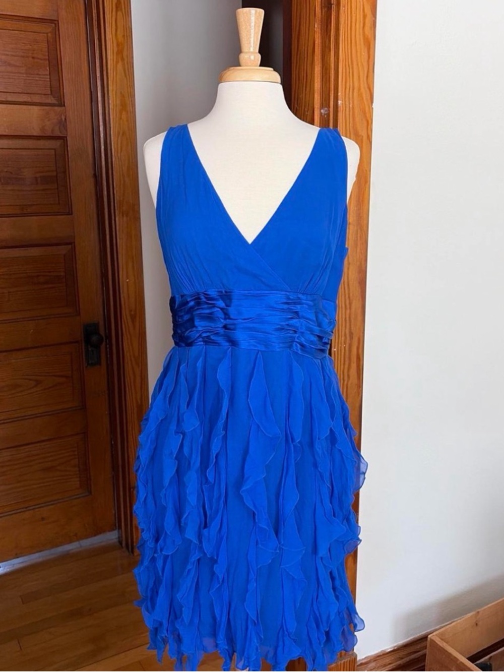 Silk Maggy London Cobalt Blue V-Neck Ruffled Cocktail Dress
